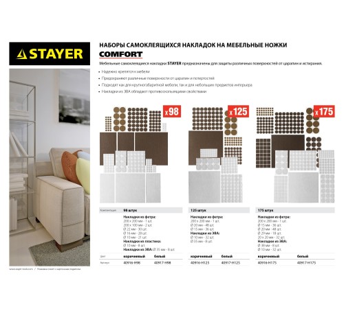 STAYER 125 шт., коричневый, набор: накладки самоклеящиеся на мебельные ножки 40916-H125 STAYER 125 шт., коричневый, набор: накладки самоклеящиеся на мебельные ножки 40916-H125