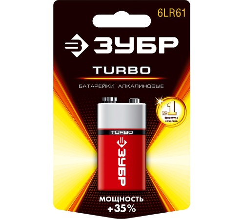 ЗУБР 6LR61, 9В, 1 ШТ., батарейка щелочная TURBO 59219_z01 ЗУБР 6LR61, 9В, 1 ШТ., батарейка щелочная TURBO 59219_z01