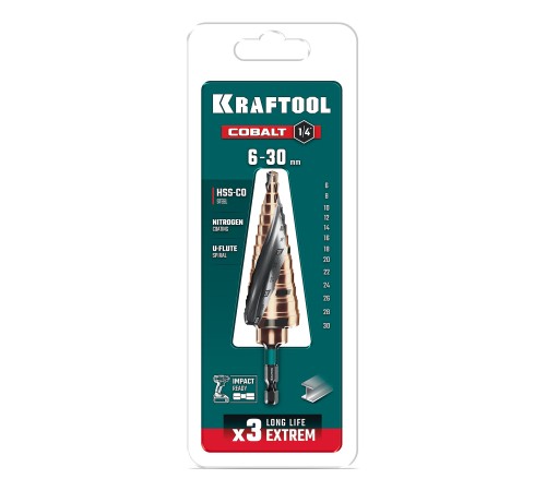 KRAFTOOL COBALT 6-30мм, 13 ступеней, азотирование, винтовая спираль, сверло ступенчатое(29691-6-30-13) KRAFTOOL COBALT 6-30мм, 13 ступеней, азотирование, винтовая спираль, сверло ступенчатое(29691-6-30-13)