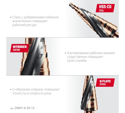 KRAFTOOL COBALT 6-30мм, 13 ступеней, азотирование, винтовая спираль, сверло ступенчатое(29691-6-30-13) KRAFTOOL COBALT 6-30мм, 13 ступеней, азотирование, винтовая спираль, сверло ступенчатое(29691-6-30-13)