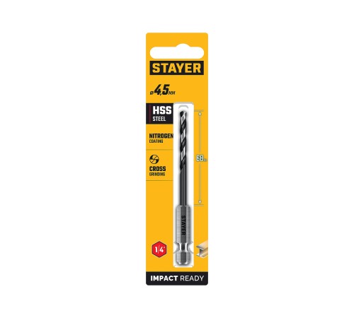 STAYER НЕХ-1/4″, d 4.5 х 103 мм, сверло по металлу для винтовёртов и шуруповертов IMPACT READY (29603-4.5) STAYER НЕХ-1/4″, d 4.5 х 103 мм, сверло по металлу для винтовёртов и шуруповертов IMPACT READY (29603-4.5)