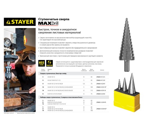 STAYER 6-28 мм, 8 ступеней, HSS, сверло ступенчатое 29660-6-20-8