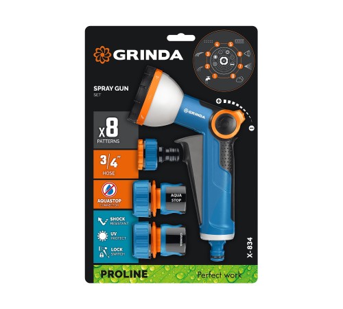 GRINDA Х-834, пистолет поливочный X-8, коннектор 3/4, конектор 3/4 с автостопом, адаптер с внутр. резьбой 1/2 х 3/4,набор поливочный PROLine (429167) GRINDA Х-834, пистолет поливочный X-8, коннектор 3/4, конектор 3/4 с автостопом, адаптер с внутр. резьбой 1/2 х 3/4,набор поливочный PROLine (429167)