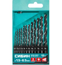 СИБИН 13 шт, (1.5-6.5 мм), быстрорежущая сталь, класс В, набор сверл по металлу (29610-H13)