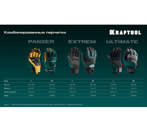 KRAFTOOL PANZER р.XL (10), профессиональные комбинированные перчатки, виброзащита, увеличенные противоударные накладки (11298-XL) KRAFTOOL PANZER р.XL (10), профессиональные комбинированные перчатки, виброзащита, увеличенные противоударные накладки (11298-XL)