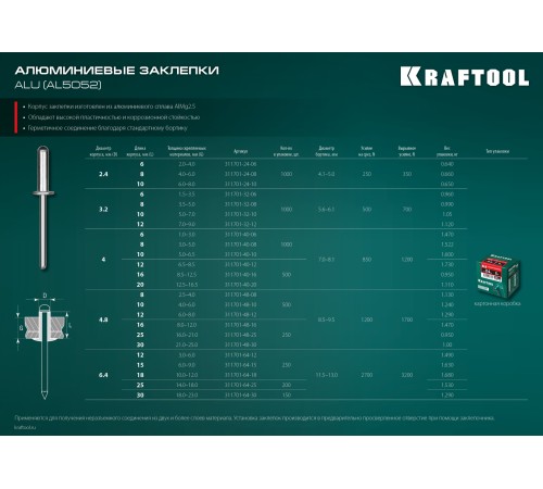 KRAFTOOL Alu (Al5052), 4.0 x 10 мм, 1000 шт, алюминиевые заклепки (311701-40-10)