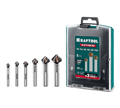 KRAFTOOL EXTREME Со5-А, 6 шт (М3-М10), сталь M35, U-образная спираль, Набор зенкеров (29734-H6)