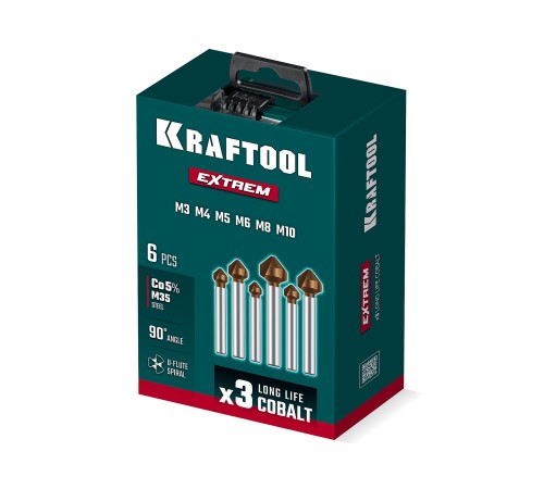KRAFTOOL EXTREME Со5-А, 6 шт (М3-М10), сталь M35, U-образная спираль, Набор зенкеров (29734-H6)