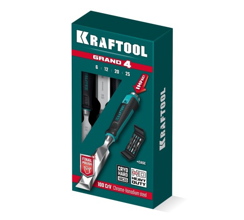 KRAFTOOL GRAND-4 набор стамесок-долот с двухкомпонентной рукояткой, 4 шт