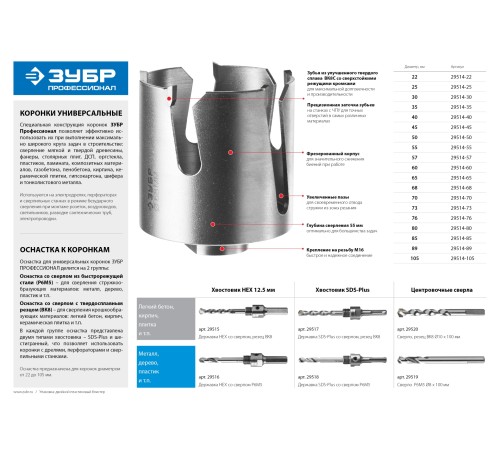 ЗУБР 22-152 мм, державка для коронок с твердосплавными резцами, Профессионал (29516)