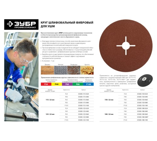 Круг шлифовальный ЗУБР ″ПРОФИ″ фибровый, для УШМ, P24, 150х22мм, 5 листов