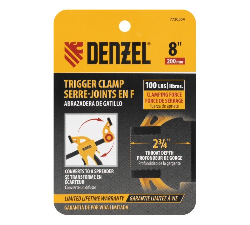 Струбцина F-образная,быстрозаж., 8"x 2 3/4", 200х70мм, пласт.корпус,фиксатор,двухк. рук-ка Denzel