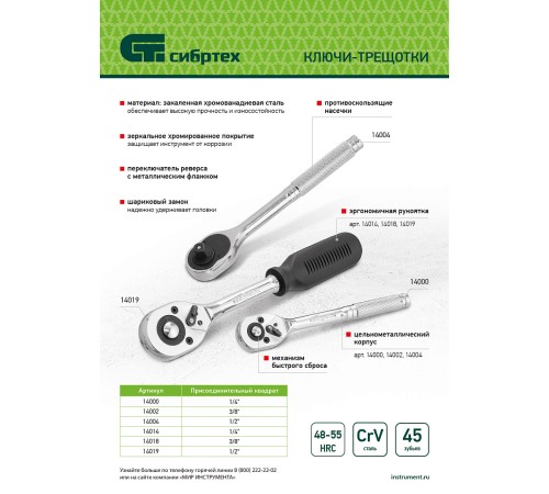 Ключ-трещотка 1/2", 45 зубьев, с быстрым сбросом, CrV, хром Сибртех