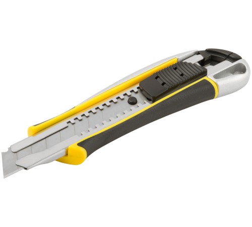 Нож технический 18 мм усиленный прорезиненный, 2-х сторонняя автофиксация, металл. корпус, Профи FIT IT