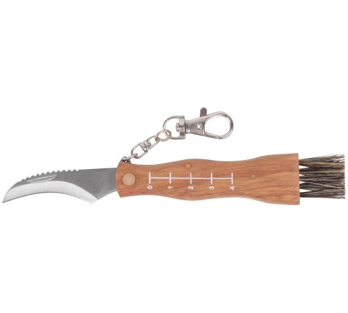Нож грибника складной, нерж.сталь, деревянная ручка, 170 мм, изогнутое лезвие 45 мм, кисточка, брелок FIT IT