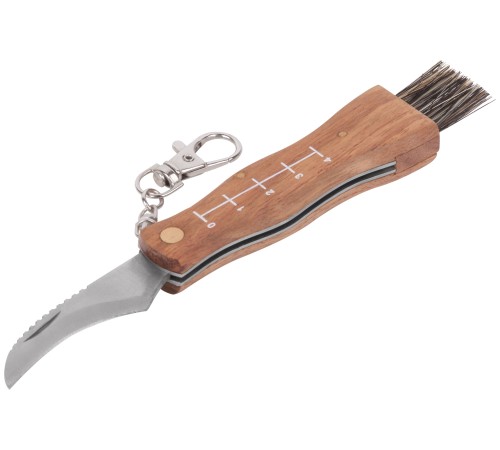 Нож грибника складной, нерж.сталь, деревянная ручка, 170 мм, изогнутое лезвие 45 мм, кисточка, брелок FIT IT