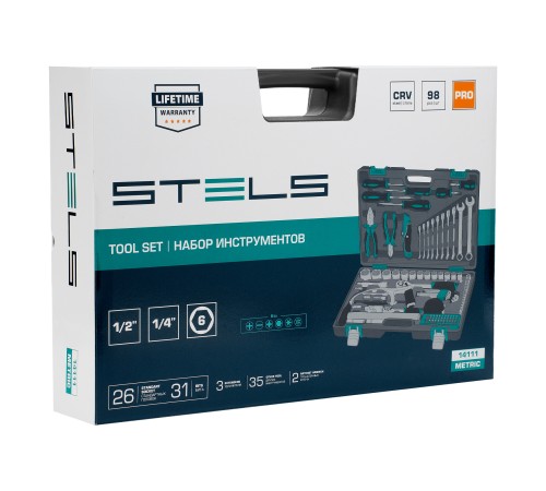 Набор инструментов, 1/2", 1/4", CrV, пластиковый кейс 98 предметов Stels Набор инструментов, 1/2", 1/4", CrV, пластиковый кейс 98 предметов Stels