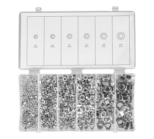 Набор гаек М3, М4, М5, М6, М8, М10, 600 предметов Сибртех