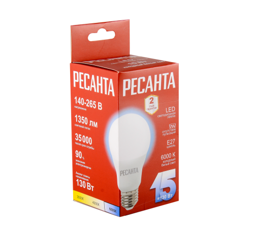 Лампа светодиодная Ресанта LL-R-A65-15W-230-6K-E27 Лампа светодиодная Ресанта LL-R-A65-15W-230-6K-E27