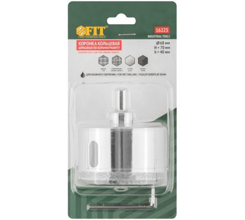 Коронка кольцевая по керамограниту, камню и кафелю алмазная с центровочным сверлом 68х70 мм FIT IT Коронка кольцевая по керамограниту, камню и кафелю алмазная с центровочным сверлом 68х70 мм FIT IT