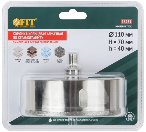 Коронка кольцевая по керамограниту, камню и кафелю алмазная с центровочным сверлом 110х70 мм FIT IT