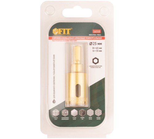 Коронка кольцевая по керамограниту, камню, кафелю и стеклу алмазная, вакуумное спекание 25х65 мм FIT IT