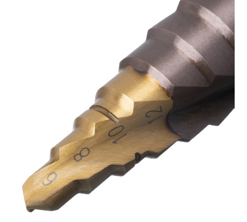 Сверло ступенчатое, 6-8-10-12-14-16-18-20-22-24-26-28-30мм, Р6М5К5, 6-гр. хвостовик Denzel