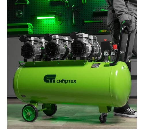 Компрессор безмаслянный малошумный МБ 2250/100, 2250 Вт, 100л, 400 л/мин// Сибртех