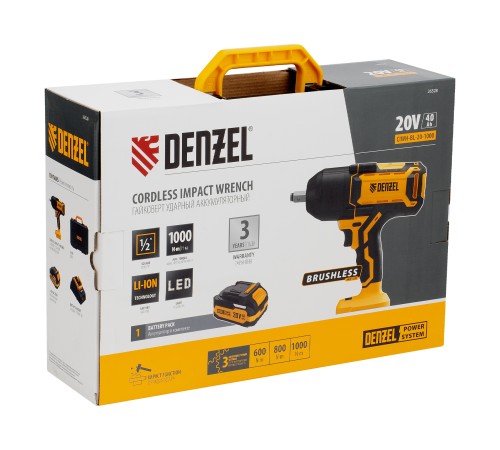 Гайковерт ударный аккумуляторный бесщет. CIWH-BL-20-1000, Li-Ion, 20 В// Denzel
