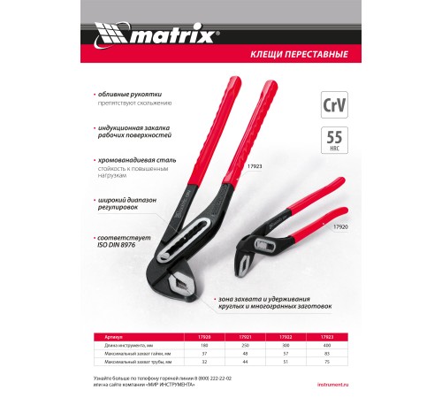 Клещи переставные 180 мм, хром-ванадий, обливные рукоятки Matrix