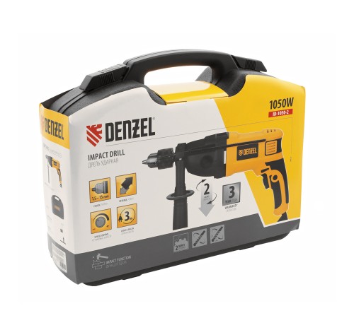 Дрель ударная ID-1050-2, 1050 Вт, 0-3000/0-1100 об/мин, 0-48000/0-17600 уд/мин, 2 скорости Denzel