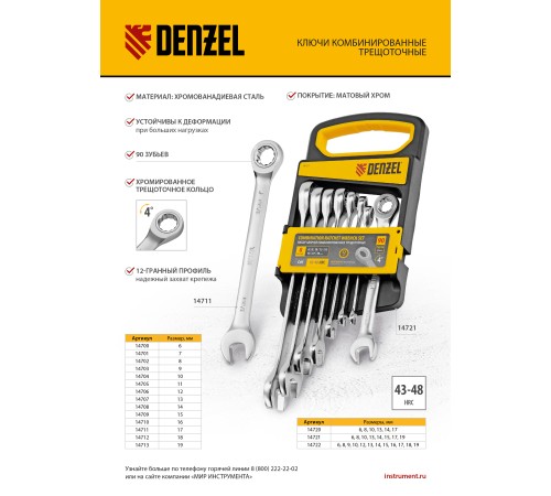 Набор ключей комбинированных трещоточных 6-17 мм, 6 шт., CrV, матовый хром Denzel