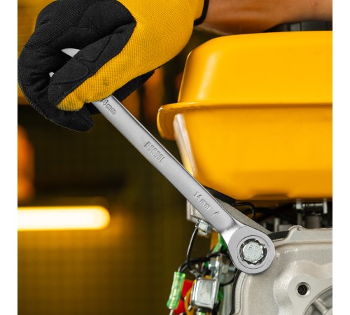 Ключ комбинированный трещоточный, 14 мм, CrV, матовый хром Denzel