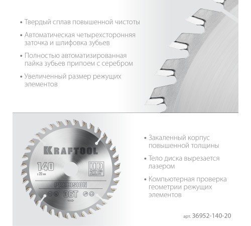 KRAFTOOL Precision, 140 х 20 мм, 36Т, пильный диск по дереву (36952-140-20) KRAFTOOL Precision, 140 х 20 мм, 36Т, пильный диск по дереву (36952-140-20)