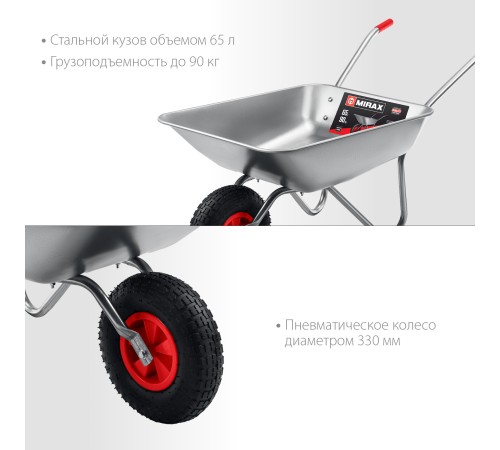 MIRAX MX-1, 65 л, 90 кг, одноколесная, оцинкованная сталь, садовая тачка (39900) MIRAX MX-1, 65 л, 90 кг, одноколесная, оцинкованная сталь, садовая тачка (39900)