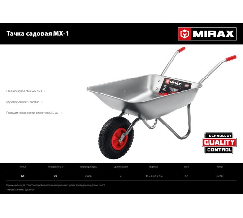 MIRAX MX-1, 65 л, 90 кг, одноколесная, оцинкованная сталь, садовая тачка (39900) MIRAX MX-1, 65 л, 90 кг, одноколесная, оцинкованная сталь, садовая тачка (39900)