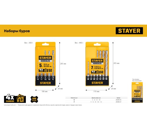 STAYER HERCULES-4Х 5шт набор буров SDS-plus (29290-H5) STAYER HERCULES-4Х 5шт набор буров SDS-plus (29290-H5)