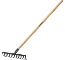 GRINDA GT-14 WOOD, 360 х 80 х 1300 мм, 14 прямых зубцов, углерод. сталь, антикор. покрытие, черенок дерев. высш. сорт, садовые грабли (39583-14)