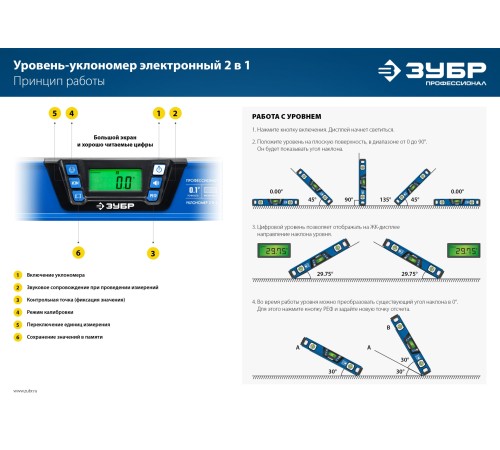 ЗУБР 400 мм, 0-90°, ±0,2°, уровень-уклономер, Профессионал (34286)