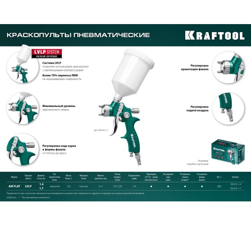 KRAFTOOL AirFlat, LVLP, 1.7 мм, пневматический краскопульт с верхним бачком (06524-1.7) KRAFTOOL AirFlat, LVLP, 1.7 мм, пневматический краскопульт с верхним бачком (06524-1.7)