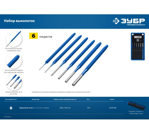 ЗУБР 6 предметов, набор шестигранных выколоток в чехле, Профессионал (21070-H6)
