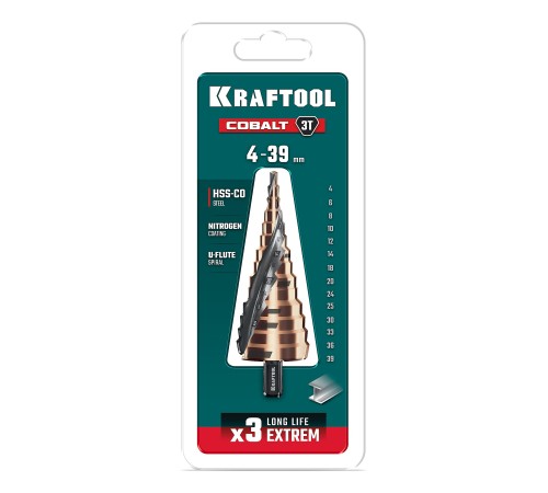 KRAFTOOL COBALT 4-39мм, 14 ступеней, азотирование, винтовая спираль, сверло ступенчатое(29691-4-39-14) KRAFTOOL COBALT 4-39мм, 14 ступеней, азотирование, винтовая спираль, сверло ступенчатое(29691-4-39-14)