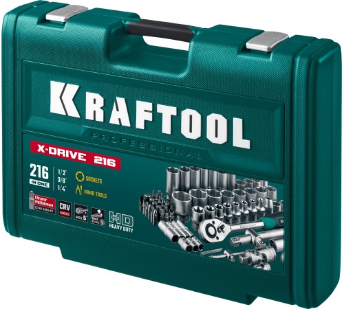 KRAFTOOL X Drive, 216 предм., (1/2″+3/8″+1/4″), универсальный набор инструмента (27888-H216) KRAFTOOL X Drive, 216 предм., (1/2″+3/8″+1/4″), универсальный набор инструмента (27888-H216)