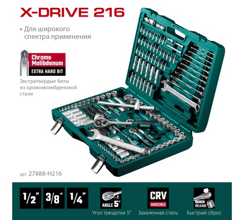 KRAFTOOL X Drive, 216 предм., (1/2″+3/8″+1/4″), универсальный набор инструмента (27888-H216) KRAFTOOL X Drive, 216 предм., (1/2″+3/8″+1/4″), универсальный набор инструмента (27888-H216)