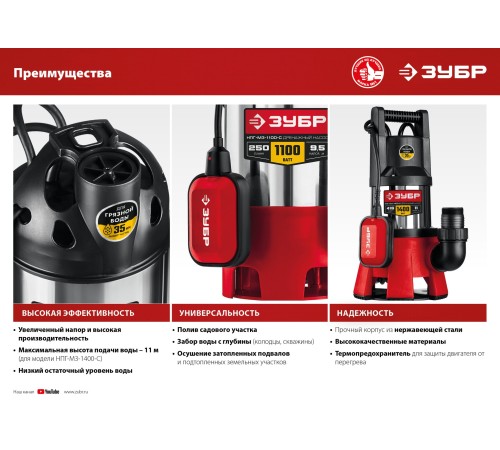 ЗУБР 1100 Вт, корпус - нерж. сталь, дренажный насос для грязной воды НПГ-М3-1100-С Мастер