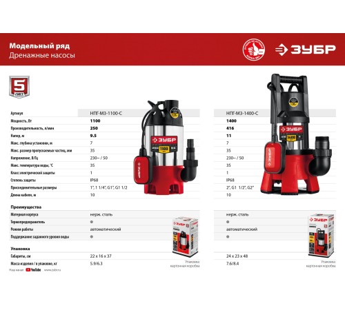 ЗУБР 1100 Вт, корпус - нерж. сталь, дренажный насос для грязной воды НПГ-М3-1100-С Мастер