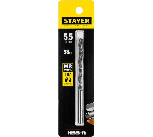 STAYER Ø 5.5 х 93 мм, сверло спиральное по металлу 29602-5.5 Professional STAYER Ø 5.5 х 93 мм, сверло спиральное по металлу 29602-5.5 Professional