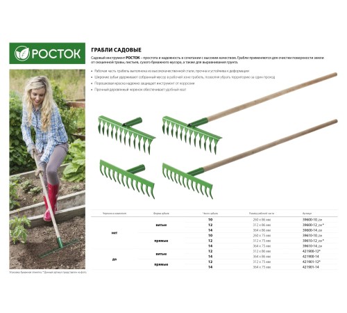 РОСТОК 310x80x1300 мм, 12 зубцов, грабли прямые с черенком 421901-12
