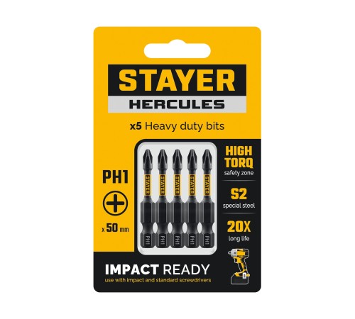 STAYER HERCULES, PH1, 50 мм, 5 шт, торсионные биты (26231-1-50-5) STAYER HERCULES, PH1, 50 мм, 5 шт, торсионные биты (26231-1-50-5)