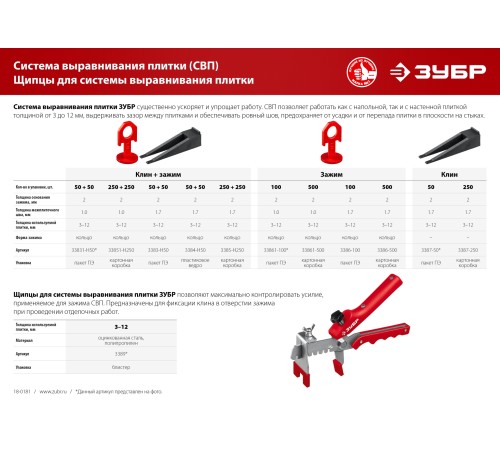 ЗУБР СВП, комплект: 1,7 мм, клин + зажим 250 + 250 шт, система выравнивания плитки (3385-H250)